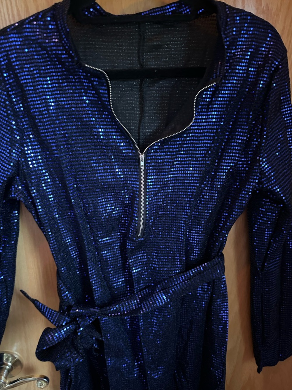 Navy Blue Sequin Belted Jumpsuit